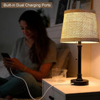 Oneach 19.5" Black Table Lamp Set of 2, Small Bedside Table Lamps with Unique Natural Shade, Pull Chain Switch, USB A+C Charging Ports, Rustic Nightstand Lamps for Living Room, Bedroom, Nursery