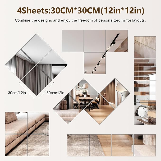 Full Length Mirror Tiles, 12x12 Inch Unbreakable Acrylic Squares for Bedroom, Home Gym, Walls - Shatterproof Mirror Stickers (1pcs)