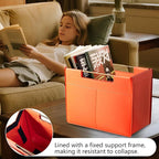 Leather Magazine Holder Foldable with Handles，Stable Magazine Rack Floor，Magazine Basket File Holder Storage，Document File Folder Organizer Free Standing for Office Living Room (orange)