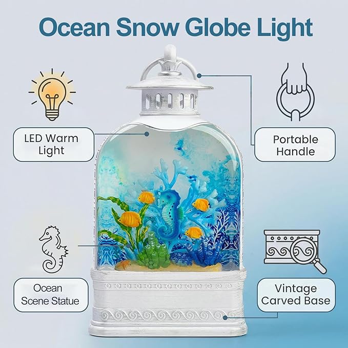 Ocean Themed Snow Globe Lantern with Music - USB or Battery Powered Light Up Water Lantern with Seahorse - Swirling Glitter Water Globe for Summer Costal Ocean Decor Gift for Ocean Lover (Seahorse)
