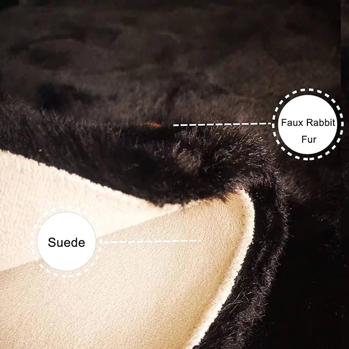 Ghouse Faux Rabbit Fur Round Rug 5ft Black Round Rugs for Bedroom Decor Fluffy Area Rugs for Living Room, no-Shedding Carpet Sheepskin Washable Rug Rome Decor