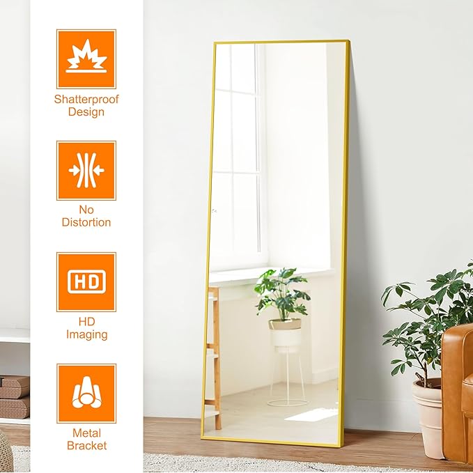TRAHOME Standing Mirror Full Length Mirror,15" x 56" Large Floor Mirror with Aluminium Frame for Door Bedroom Bathroom Living Room(Gold)
