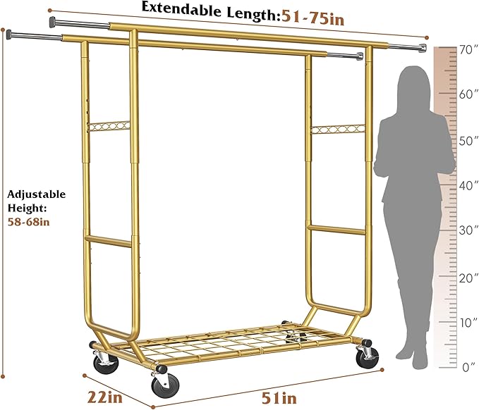 Raybee Clothes Rack Load 630LBS, Heavy Duty Clothes Rack, Rolling Clothing Racks for Hanging Clothes with Wheels, Adjustable & Commercial Garment Rack, 22" D x 75" W x 68" H, Gold
