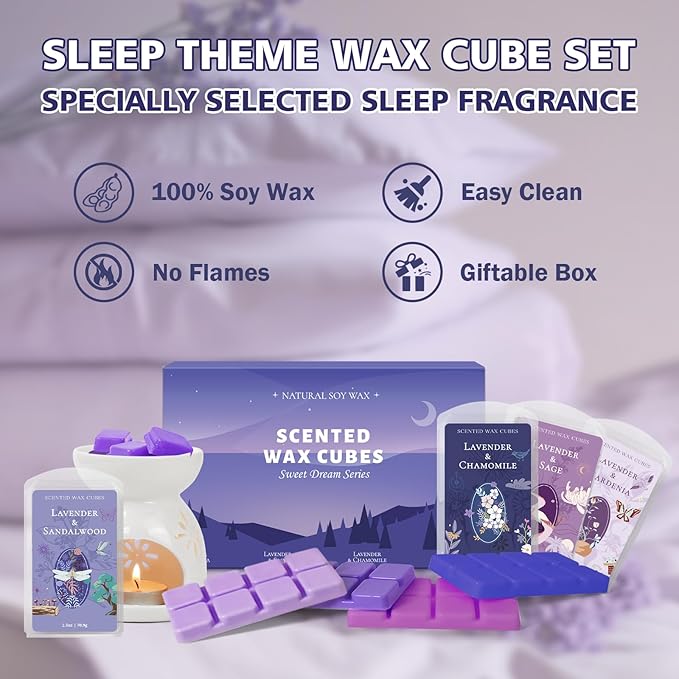 SCENTORINI Wax Melts, Wax Cubes Strong Scent, Summer Scents, Lavender Scented Wax for Sleep, Wax Melts for Warmer, 2*Lavender & Gardenia, Sage, Chamomile, Sandalwood, 2.5 oz 8-Pack