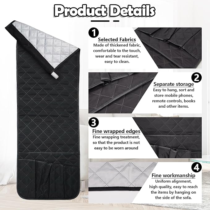 Huakaile Foldable Remote Control Holder Non-Slip Couch Sofa Chair Waterproof Armrest Organizer with 5 Pockets Armrest Organizer Couch Recliner Caddy Fits for Ipad, Phone, Magazines (Black)