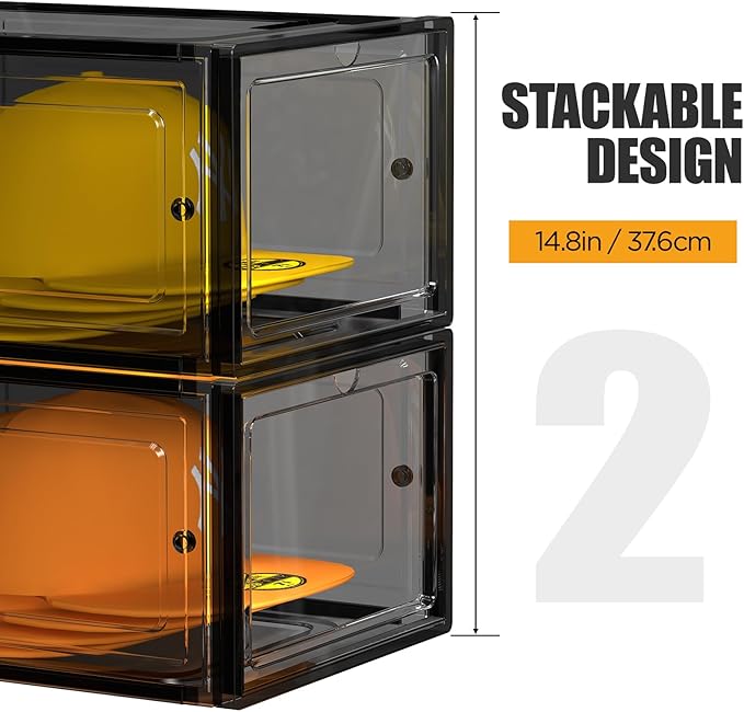 Hat Organizer Box, Stackable Clear Baseball Caps Holder Box Containers with Magnetic Door for Hats Snapback Cap Storag, Hat Rack Display Case, Holds 8 Hats Each (Black, 4 Pack)