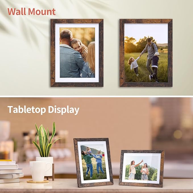Lyeasw 5x7 Picture Frame 15 Pack, Display Pictures 5x7 with Mat or 6x8 without Mat, Brown Rustic Bulk Photo Frames for Wall or Tabletop