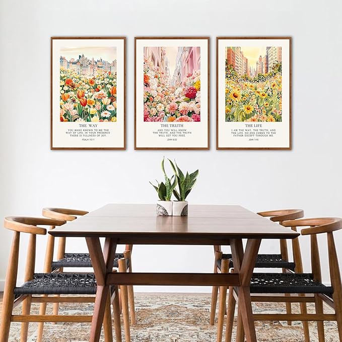 KAlRNE Christian Floral Framed Canvas Wall Art Set of 3(16”X24”),Bible Verse Cityscape Wall Decor,Vintage Colorful Flower Picture Inspirational Scripture Art Prints For Living Room Bedroom Church