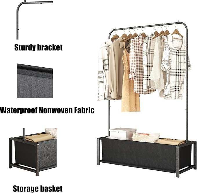 SUOERNUO Garment Rack for Hanging Clothes Rack Heavy Duty Portable with Bottom Metal Shelf Drying Coats Shirt,Black (Black Bag)