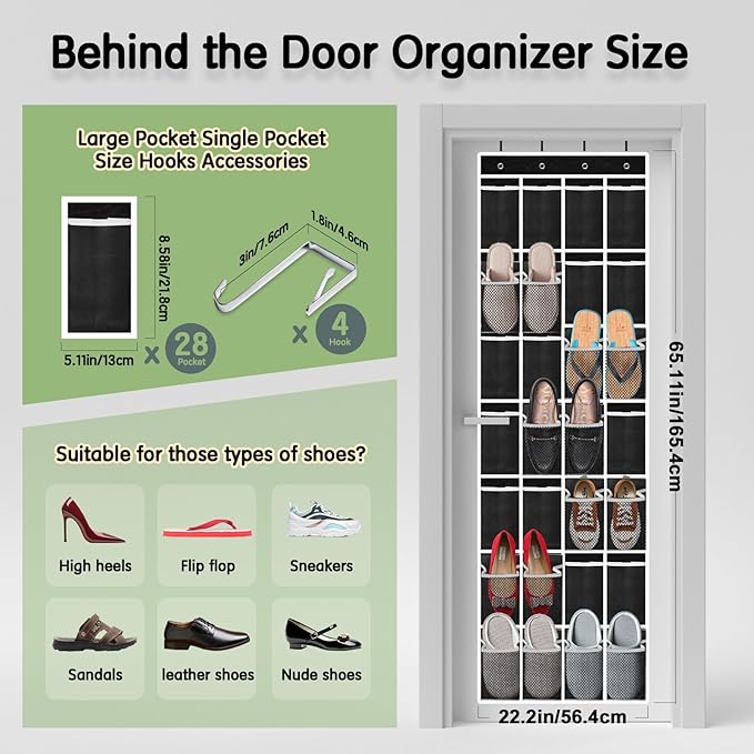 28 Compartment Over the Door Shoe Organizer, Breathable Mesh Large Shoe Rack for Closet Storage, Space Saving Hanging Shoe Holder with Reinforced Hooks (Fits Men & Women,Black-01)
