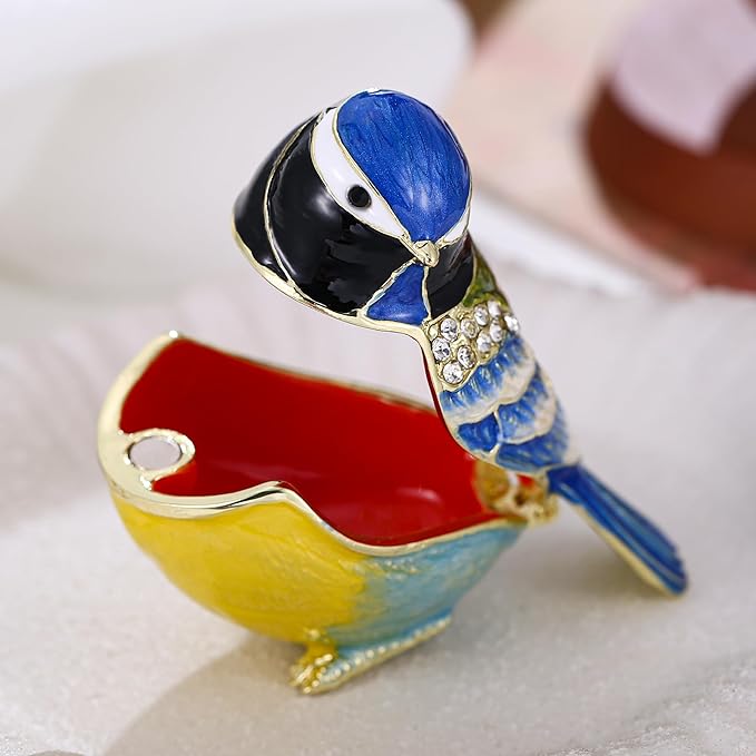 Hand Painted Trinket Box for Home Decor Accents, Enamel Hinged Jewelry Box for Bookshelf Office Table Desk Decoration, Classical Figurine Collectible Keepsake Animal Sculptures (Blue Jay)