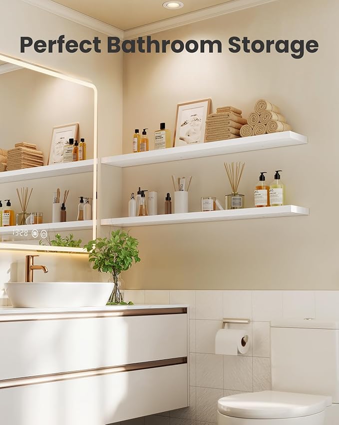 AMADA HOMEFURNISHING 35.4" L Floating Shelves, Wall Shelves Set of 3 for Bathroom/Living Room/Bedroom/Kitchen, White Floating Shelves for Wall Decor with Invisible Brackets - AMFS45W