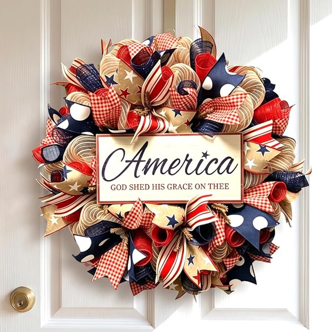 Patriotic Wreaths for Front Door, 250 Anniversary Decorations 4th of July Decorations Outdoor, Handcrafted Memorial Day Wreaths, Festival Celebration USA Flag Printed Wreath (A)