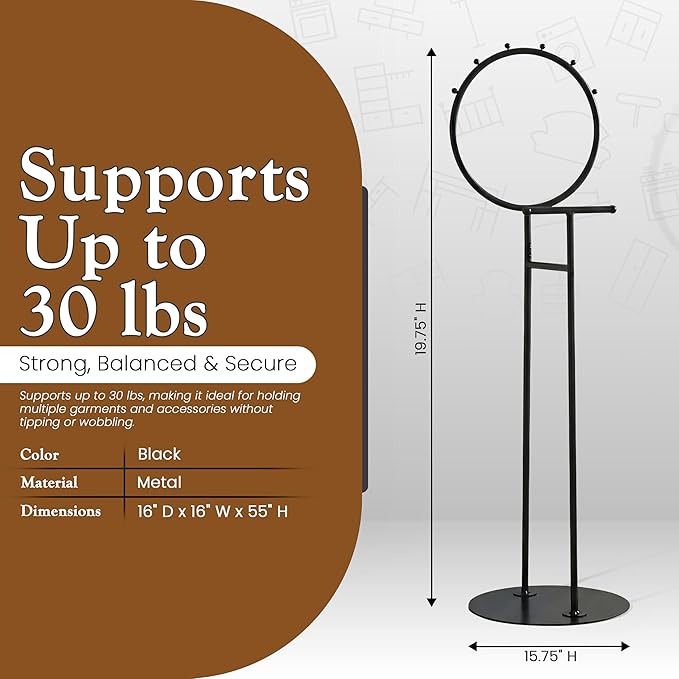 Kings Brand Furniture Cheska Suit Valet Stand with Circular Frame - Tie Jacket Clothes Hooks, Freestanding Clothing Organizer, Black