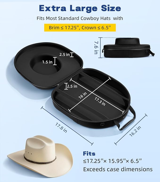 Hat Box for Cowboy Travel Extra Large, Waterproof Hard Hat Travel Case Storage Can for Fedora Panama Tweed Cap Hat Holder Organizer Carrier with Adjustable Carry Strap, Mens Western Gift, Large Black