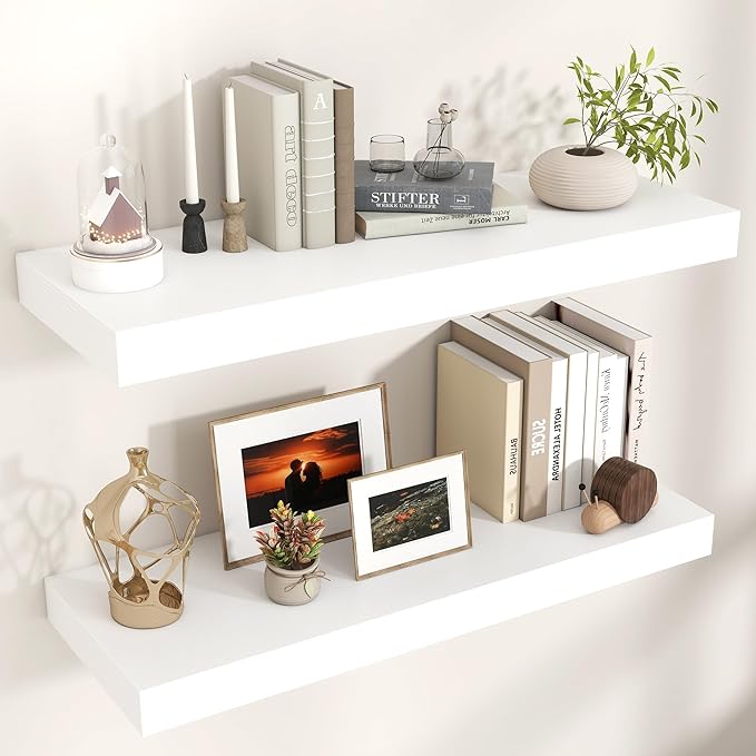 Venusmiles Floating Shelves for Wall, 36" W x 12" D x 2" H, 2 Pack of Long Wall Mounted Engineered Wood Shelves with Invisible Brackets for Living Room, Bedroom, Bathroom, Kitchen Decor, White