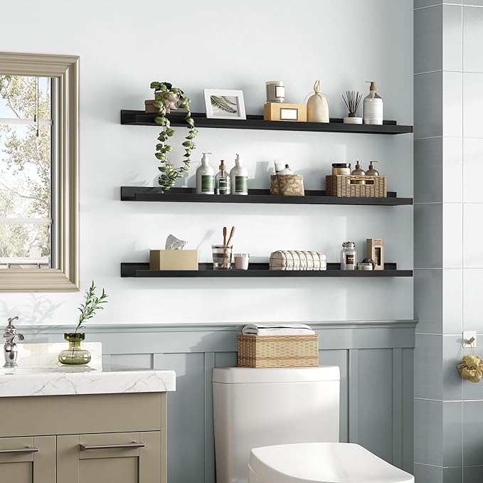 HOOBRO Floating Shelves, Wall Shelf Set of 3, 47.2 Inches Hanging Shelf with Raised Edge and Invisible Brackets, for Bathroom, Bedroom, Kitchen, Office, Living Room Decor, Black BK92BJ01