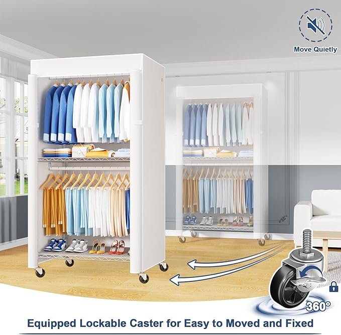 P8C Heavy Duty Clothes Rack（With Extended Width Design） Rolling Clothing Racks for Hanging Clothes with Lockable Wheels，31.5" W x 15.8" D x 80.5" H，Max Load 600LBS，White Rack with White Cover