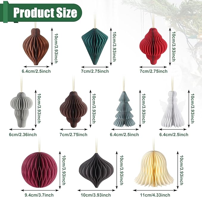 Draupnir Christmas Party Decorations, 10 PCS 3D Paper Christmas Tree Ornaments, Honeycomb Hanging Ornament for Xmas, New Year's Eve, Ceiling & Home Decorations