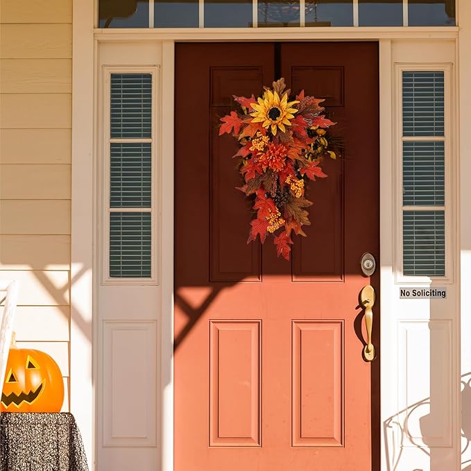 21.7Inch Artificial Fall Harvest Teardrop Swag for Front Door Orange Maple Faux Fall Leaves Hanging Vine with Pinecone Sunflower Harvest Autumn Floral Swag for Home Wall Decor