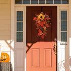21.7Inch Artificial Fall Harvest Teardrop Swag for Front Door Orange Maple Faux Fall Leaves Hanging Vine with Pinecone Sunflower Harvest Autumn Floral Swag for Home Wall Decor