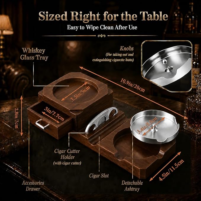 Cigar Ashtrays, Whiskey Glass Tray and Wooden Ash Tray Detachable Outdoor Ashtray for Cigarettes, Gift Set with Cigar Cutter, Great Decor for Home Office Gifts for Men