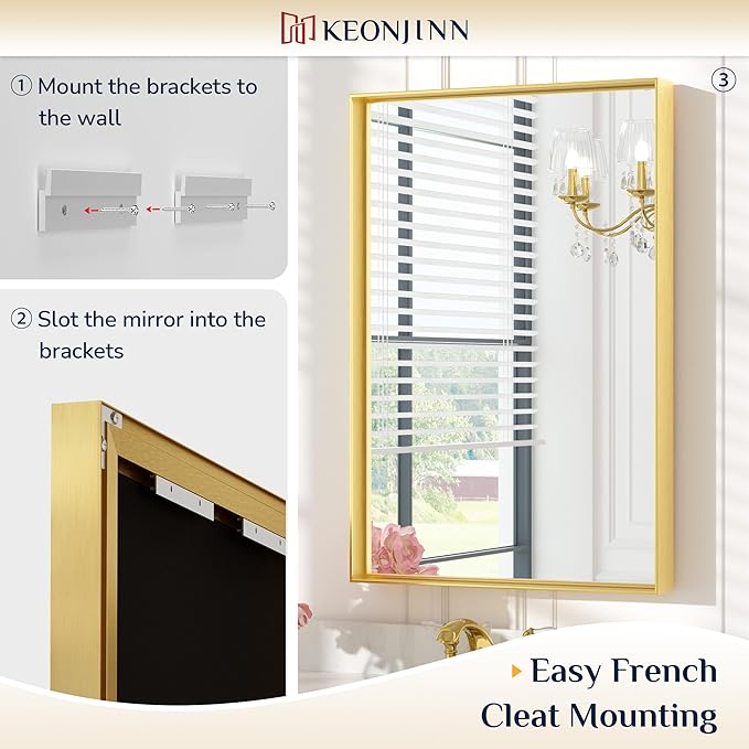 Keonjinn Gold Bathroom Mirror 48 x 36 Inch, Brushed Gold Metal Framed Mirror, Rectangular Square Corner Large Vanity Mirrors for Wall, Oversized Rectangle Mirrors for Over Sink