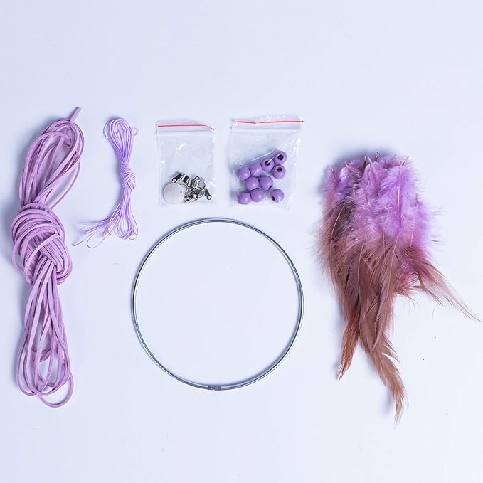 DIY Dream Catcher Beginner Kit, Making Dream Catcher Supplies Include Metal Hoop, Feathers, Faux Suede Cord, Thread, Wood Beads (Lilac)
