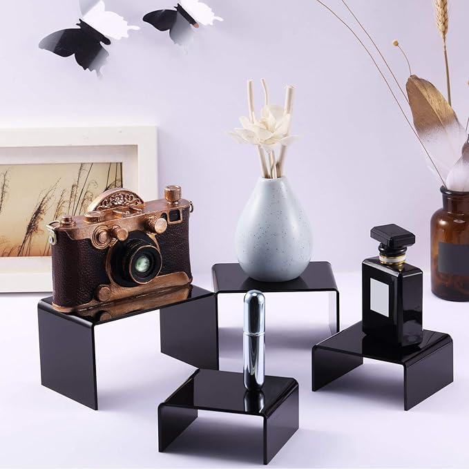 Chuangdi 2 Sets Acrylic Display Risers, Product Stand, Jewelry Display Riser Shelf Showcase Fixtures for Dessert Cupcake Candy Figure Treat Action Showcase(Black,Small Set)