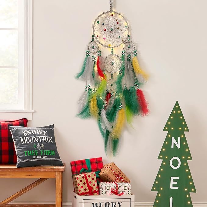 Christmas Rings Dream Catcher with Lights Handmade Christmas Dreamcatcher Hanging Decoration Home Wall Decoration Craft Ornament