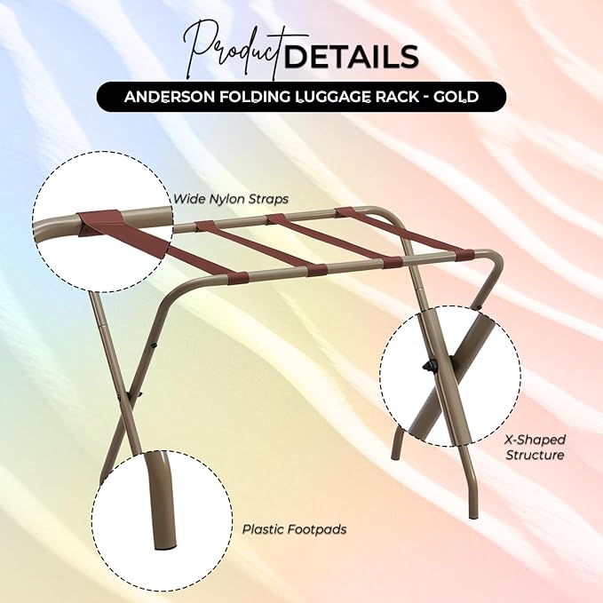 Kings Brand Furniture Anderson Folding Luggage Rack - Suitcase Stand With Storage Shelf - Folding Luggage Rack for Guest Room and Bedroom - Sturdy Portable and Stylish Metal Suitcase Stand - Gold