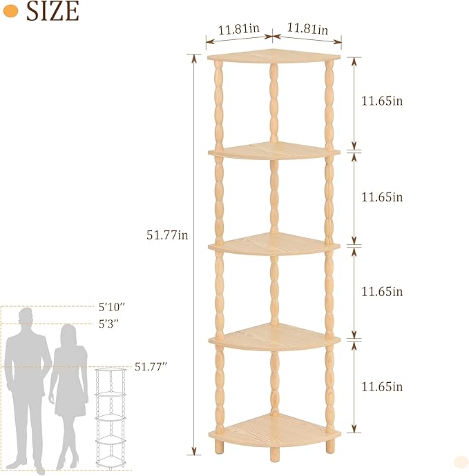 MaxSmeo Corner Shelf, 5-Tier Corner Bookshelf for Small Spaces, Stylish Corner Storage Display Shelves for Bedroom, Bathroom, Kitchen, Living Room (Natural)