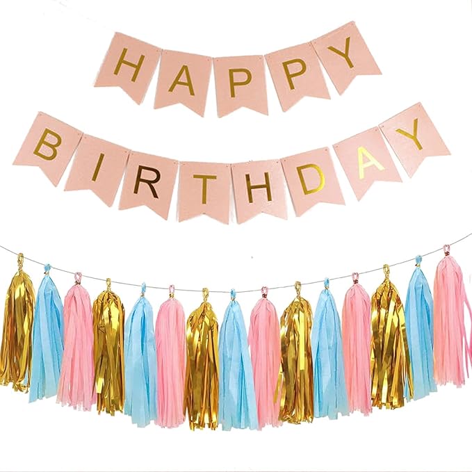 15PCS Shiny Tassel Garland Tissue Paper Tassel Banner,Table Decor,Tassels Party Decor Supplies for Wedding,Birthday,Bridal/Baby Shower,Anniversary,DIY Kits - (Pink/Light Blue/Gold)