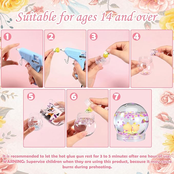 12 Sets Flower Craft Bulk Flower Plastic Clear Snow Globes Kit with Glow in The Dark Plates, Sequins Flakes, Glue Guns for Employee Make Your Own Party Snow Globes Craft DIY Gifts