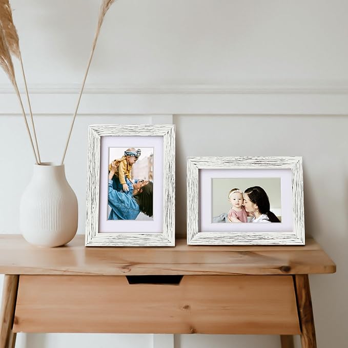 Egofine 4x6 Picture Frames Set of 4, Made of Solid Wood Covered by Plexiglass 3x4.5 and 3.5x5 with Mat or 4x6 without Mat, for Table Top Display and Wall Mounting Photo Frame, Driftwood White