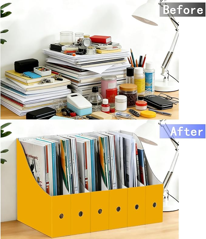 Limitliho 6 Pack Cardboard Magazine Holder for Desk, Book Bins for Classroom Library,Office,Home, 10.6" H x 10.2" L x 3.5" W in Magazine File Holder(Yellow)