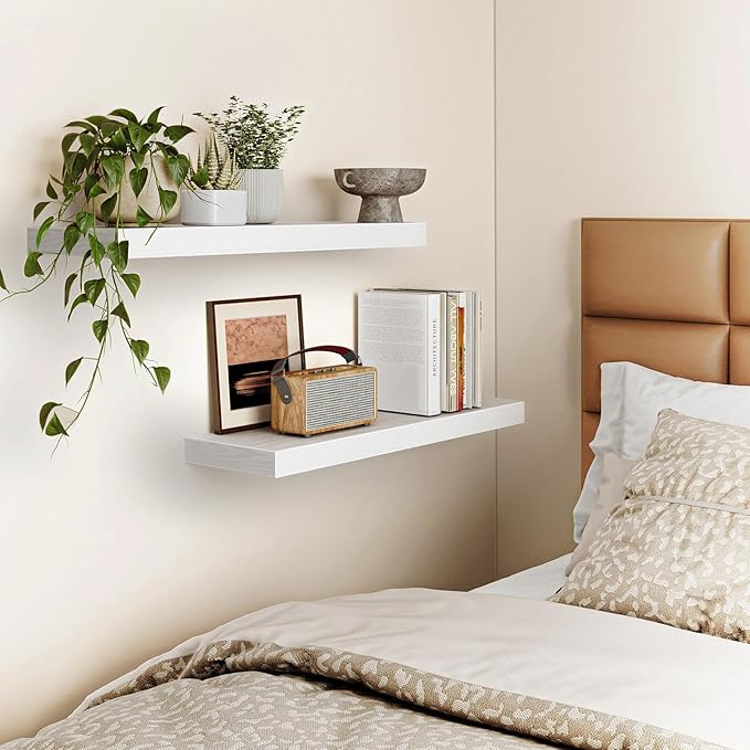 Fixwal White Shelves, 22" Long Floating Shelves for Living Room, Bedroom, Bathroom and Kitchen, Wall Mounted Shelves for Storage, Books, Room Decor Set of 2
