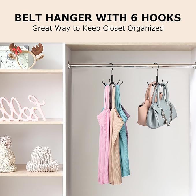 Belt Hanger, Metal Belt Rack Holder, 360° Rotatable, Maximum 24 Storage Capacity, Black, 2 Pcs
