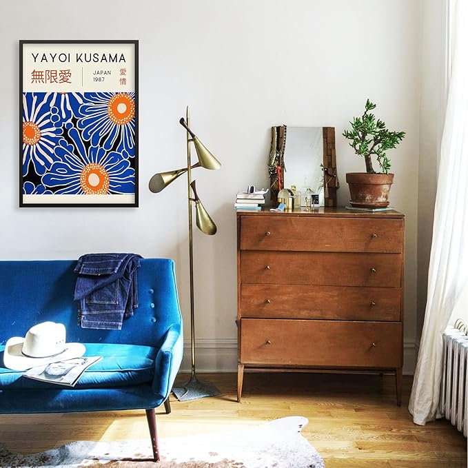 Yayoi Kusama Print Vintage Japanese Wall Art Abstract Yayoi Kusama Poster Minimalist Painting Art Exhibition Suitable for Japanese Bedroom,Living Room Office Decor 24x36in Black Framed