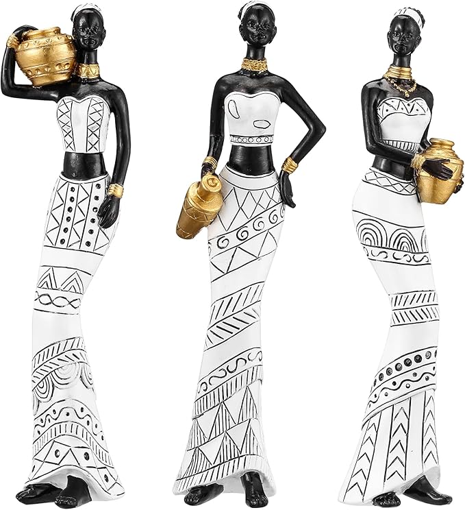 3 Pack African Art Sculptures- Vintage African Statues For Home Decor- Women's Tribal African American Figurines- Bookshelf, Office Decor- Deal For Birthday, Christmas, Thanksgiving, Mom Gifts-White