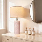 Reaketon 20.5" Modern Ceramic Table Lamps for Bedroom Set of 2, Bedside Lamps for Night Stands with Beige Lampshade, Farmhouse Table Lamp for Living Room Office Dorm, Pink