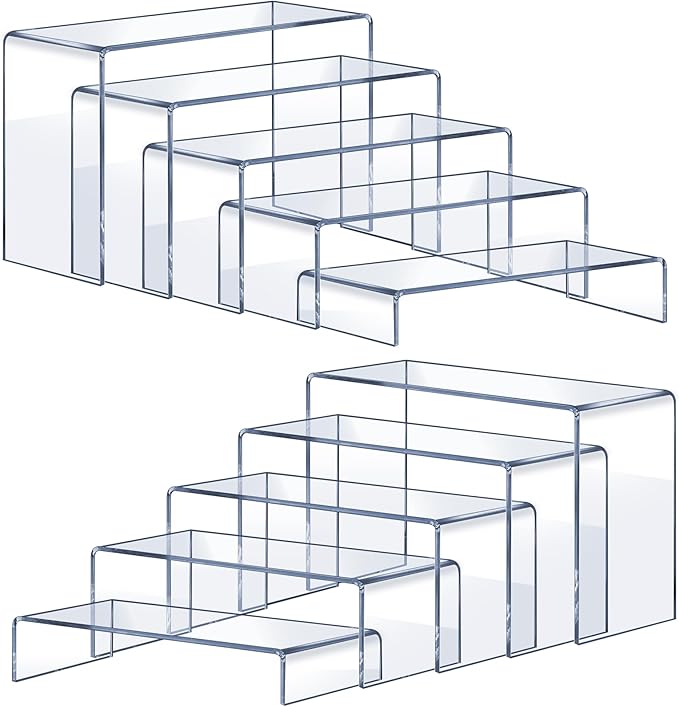OVNTHYK Acrylic Risers 10 Pcs (2 Sets) – Large Display Risers, Clear Perfume Organizer Stands for Figures, Jewelry, Decorations, Cupcakes & Dessert Table Display