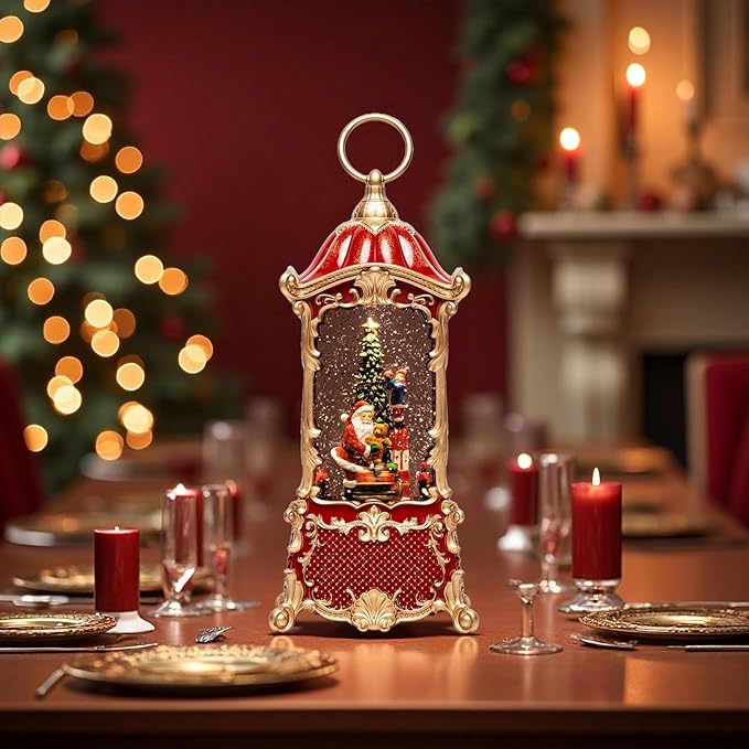 14" Christmas Snow Globe Lantern with Santa Claus - Swirling Glitter LED Light Musical Water Lantern with Rotatable Interior - Vintage Xmas Gifts - USB Plug or Battery Operated Home Decor (Palace Red)