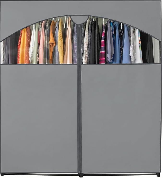 HOLDN’ STORAGE Portable Wardrobe Closet - 65 lb Large Capacity, Internal Heavy Duty Metal Rod, Zipper & Clear Window, Durable Clothes Organizer, Tool-Free Easy Assembly, Dark Gray Canvas Cover