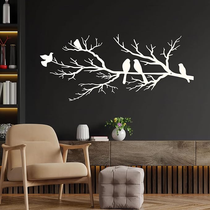 ESTART Metal Birds Wall Art, Metal Vivid Birds on Branch Silhouette Wall Decor White Leaves with Bird Outdoor Hanging Wall Sculpture for Home Living room Bedroom Balcony Garden (White, Large)