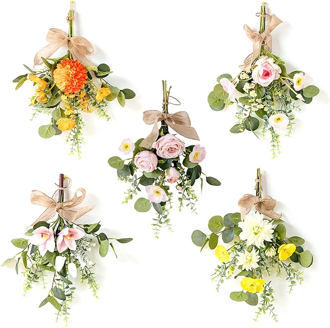 Artificial Teardrop Wreath, 17inch Decorative Swag with Flower and Eucalyptus Leaves, Hanging Simulation Flowers Bouquet, Spring Summer Wall Swag for Wedding Arch Wall Decor(#5)