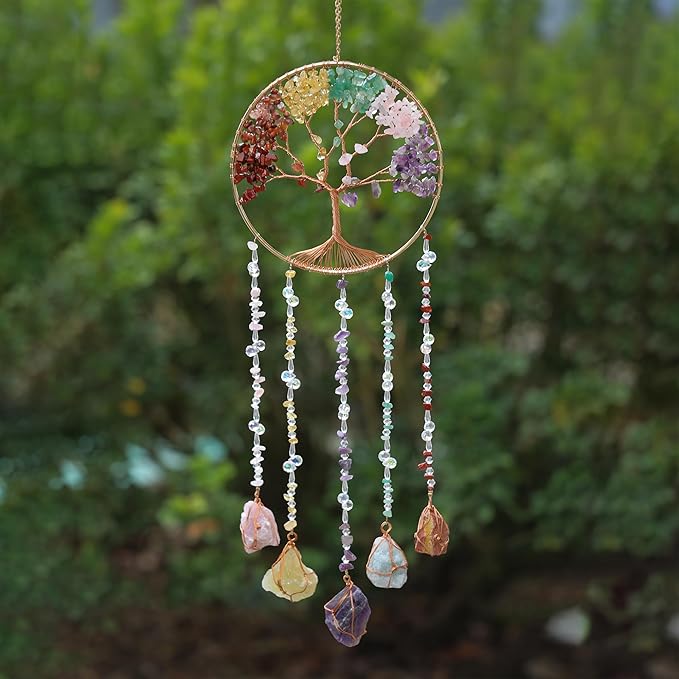 Tree of Life Moon Dreamcatcher - Dreamsum Natural Stones Wind Chimes with Healing Crystal Wall Decor Crystal Dream Catchers Wall Hangings for Room, Garden, Wedding Colorful Hanging Decor Gift