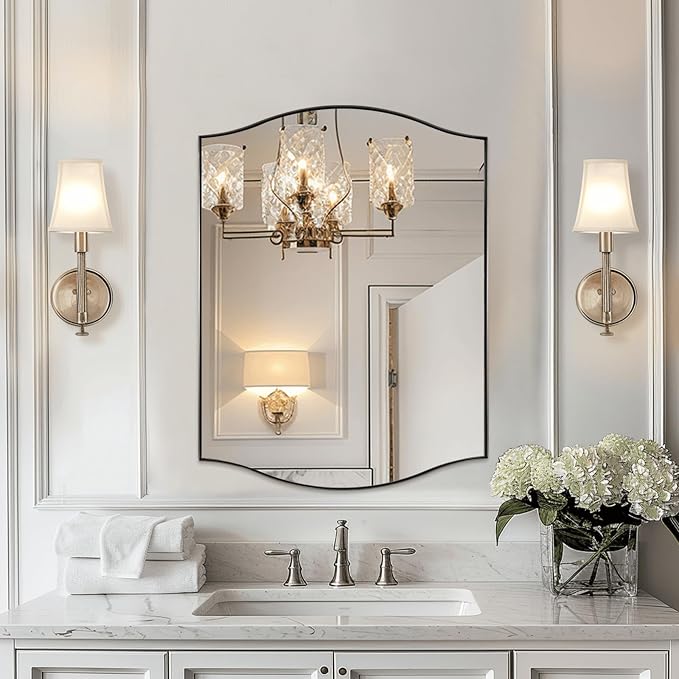 ANDY STAR Scalloped Bathroom Mirror，24"x32" Brushed Nickel Rectangle Wall Mirror with Curved Edge Stainless Steel Metal Frame, Silver Vanity Wall-Mounted Mirror for Bathroom, Entryway