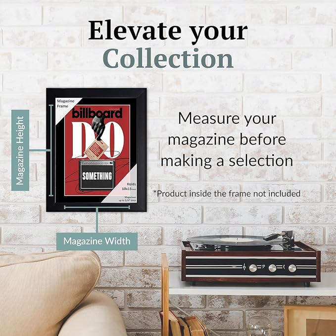 Creative Picture Frames 10 x 13 Magazine Frame with Full-Strength Glass, Holds Up To A 1/4" Thick Media with Installed Hangers for Easy Mounting, 11x14 Black Frame with Black Mat