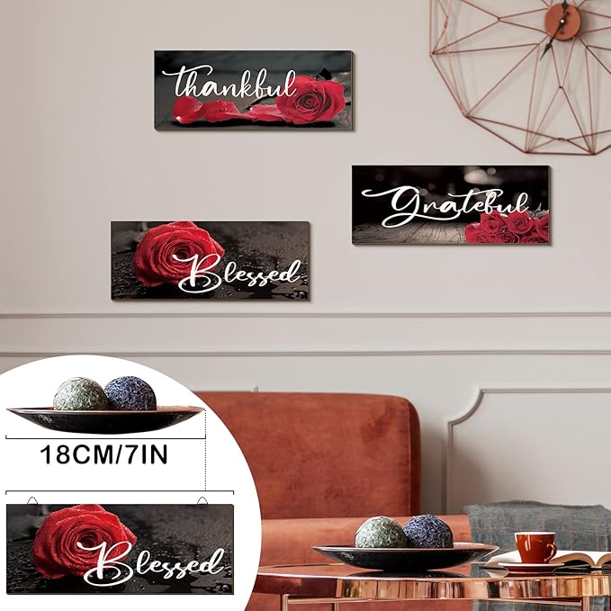 Hillban 3 Pieces Rose Wooden Wall Decor Rose Bathroom Decor Thankful Grateful Blessed Accessories Inspirational Wall Art Signs for Living Room Kitchen Wedding(10 x 4 Inch,Red)